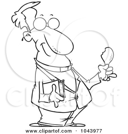 Cartoon professor with glasses, holding a book and chicken leg, smiling playfully.