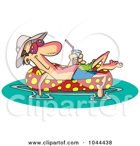 Cartoon man relaxing on a polka-dot inflatable ring in water, wearing hat and sunglasses, sipping a drink.