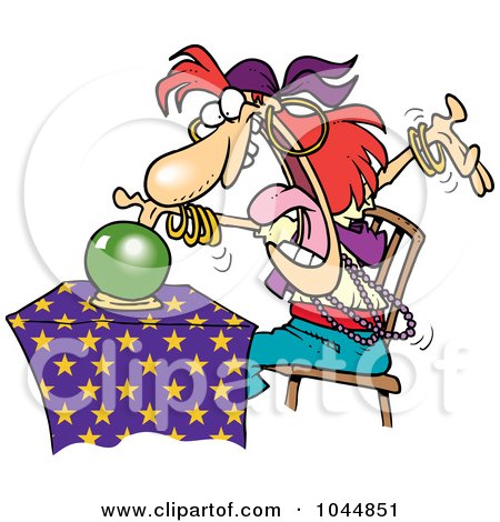 A cartoon fortune teller with wild hair and glasses peers into a green crystal ball on a starry purple cloth, gesturing dramatically.