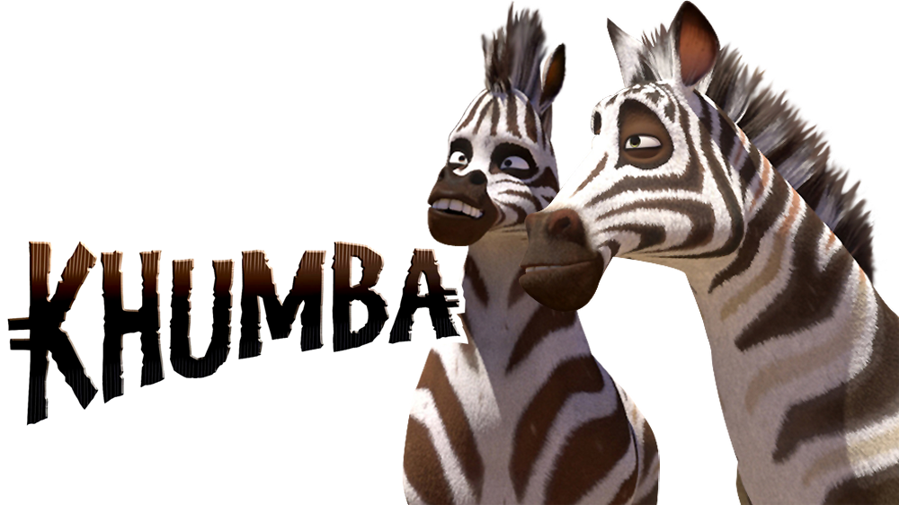 Two animated zebras with expressive faces beside the stylized title "KHUMBA".