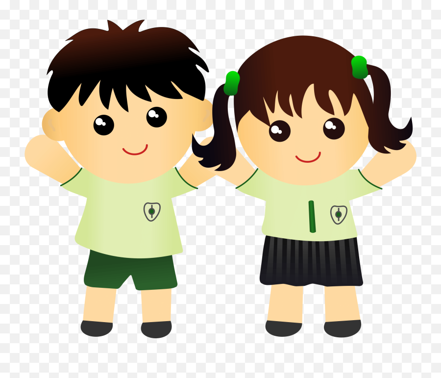 Two smiling cartoon children in matching green uniforms, boy with short hair and girl with pigtails, arms raised joyfully.