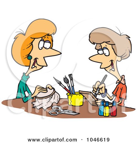 Two women engaged in a craft project at a table with paintbrushes, scissors, and fabric.