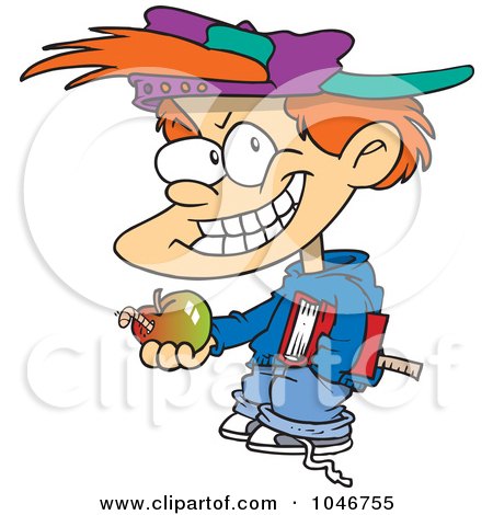 Cartoon boy with spiky orange hair, colorful hat, and wide grin holding a green apple with a worm.
