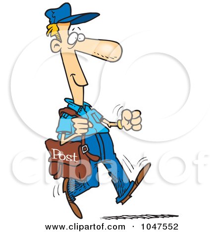 Cartoon mail carrier in blue uniform and cap, walking briskly with a brown "Post" satchel slung over shoulder.