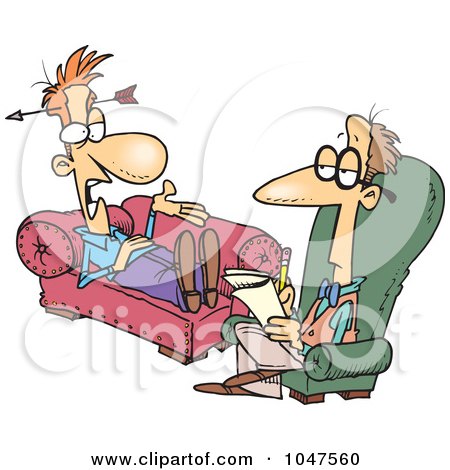 Cartoon of a man with an arrow in his head lying on a couch while a therapist takes notes in a chair.