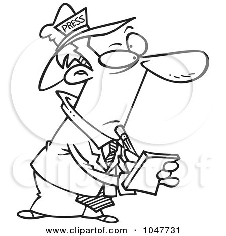 Cartoon reporter wearing "PRESS" hat, holding notepad and pen, appearing skeptical or questioning.