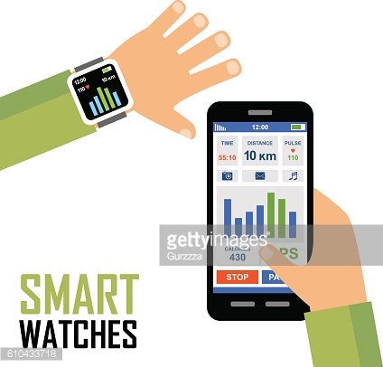 Smartwatch and smartphone displaying fitness tracking data including time, distance, pulse, and calories.