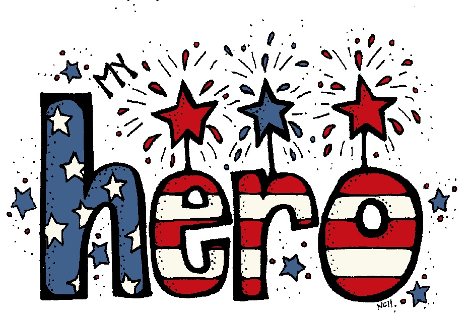 Patriotic "My Hero" illustration with stars, fireworks, and American flag colors.