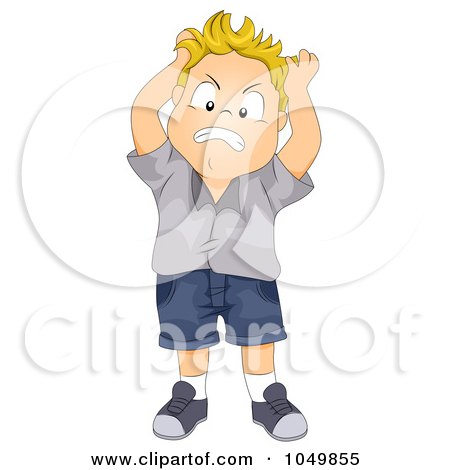 Frustrated cartoon boy with blond hair pulling his hair, wearing gray shirt and blue shorts.