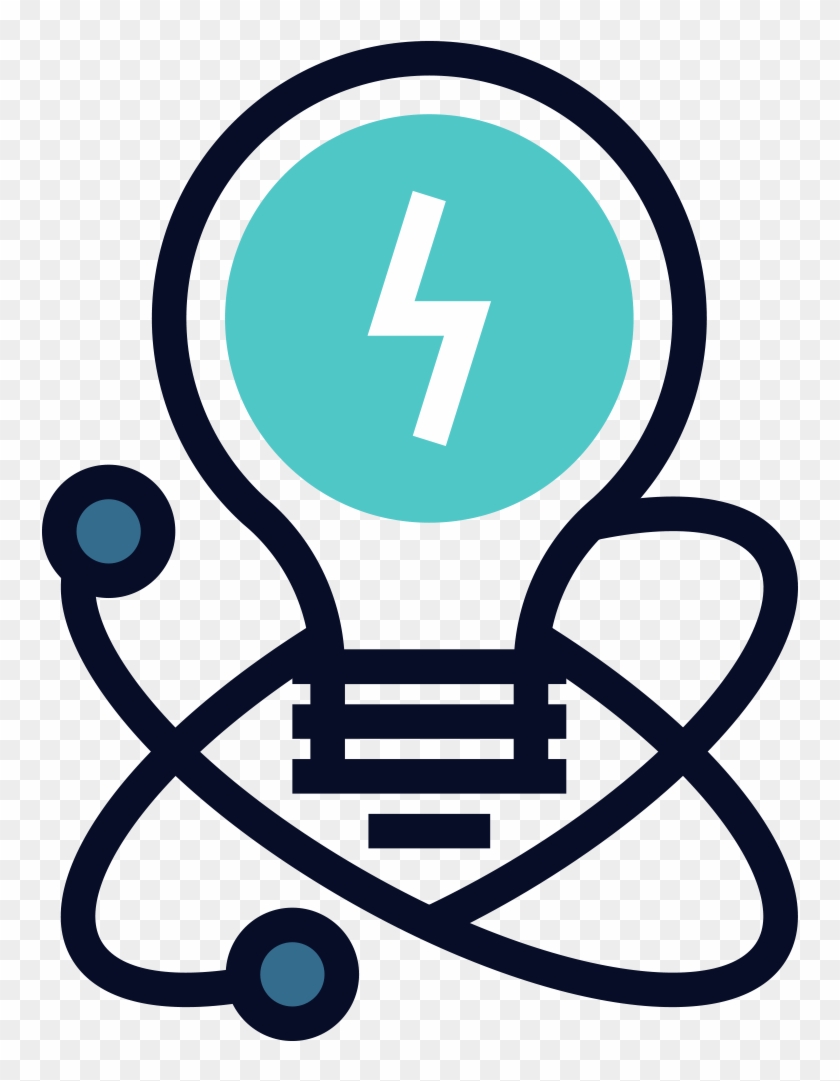 Lightbulb with lightning bolt inside, encircled by atomic orbit paths and nodes-symbolizing energy, innovation, and science.