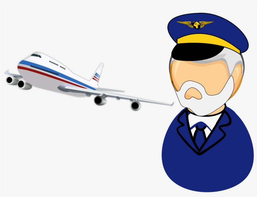 Cartoon pilot with white beard and blue uniform beside a large passenger jet aircraft.
