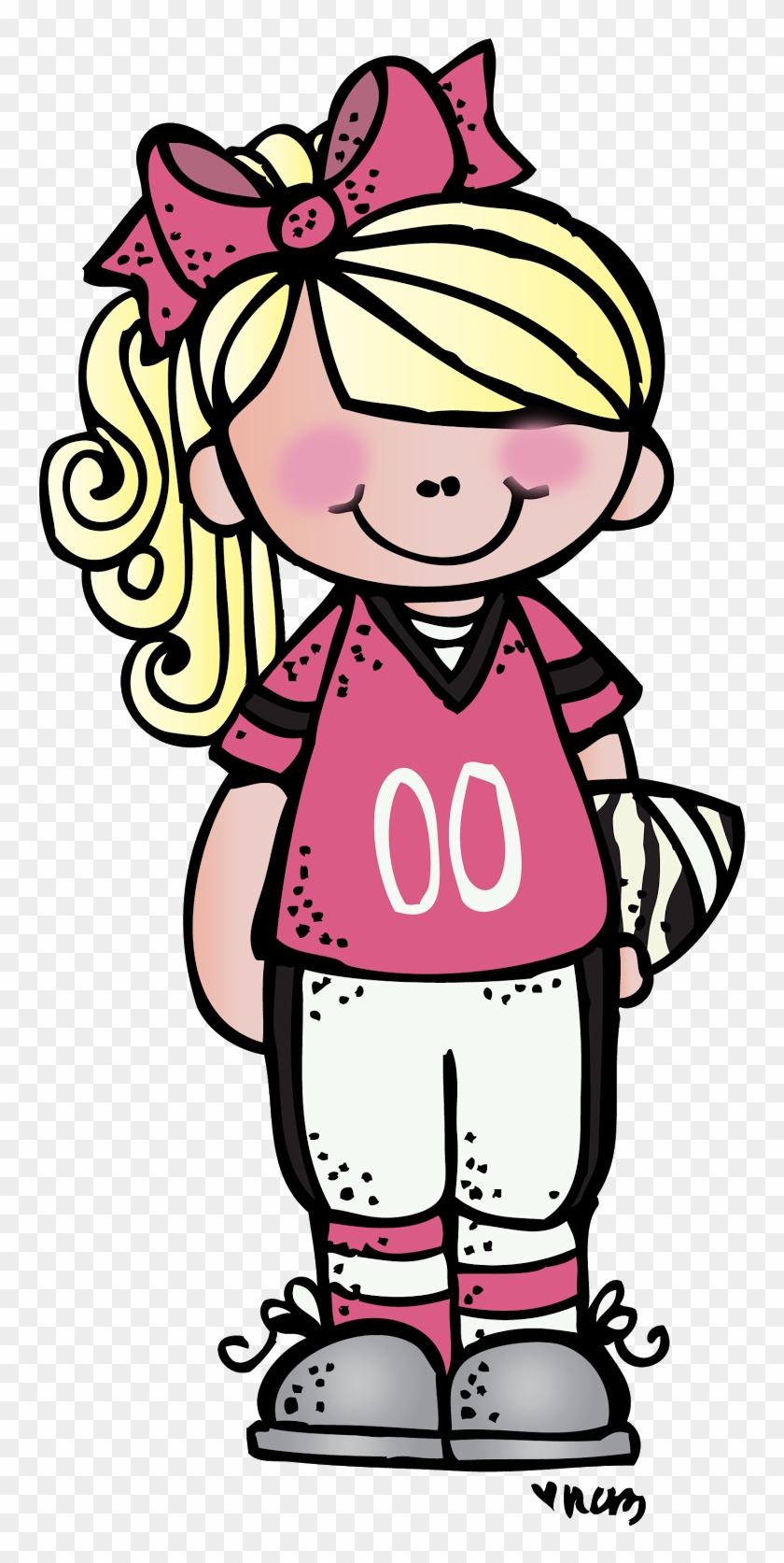 Cartoon girl with blonde hair, pink bow, and pink football jersey holding a striped ball.