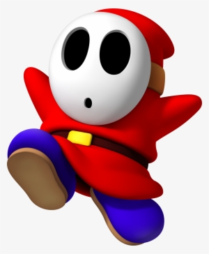 Shy Guy from Nintendo’s Mario series, wearing a red hooded cloak and blue pants, mid-jump with surprised expression.