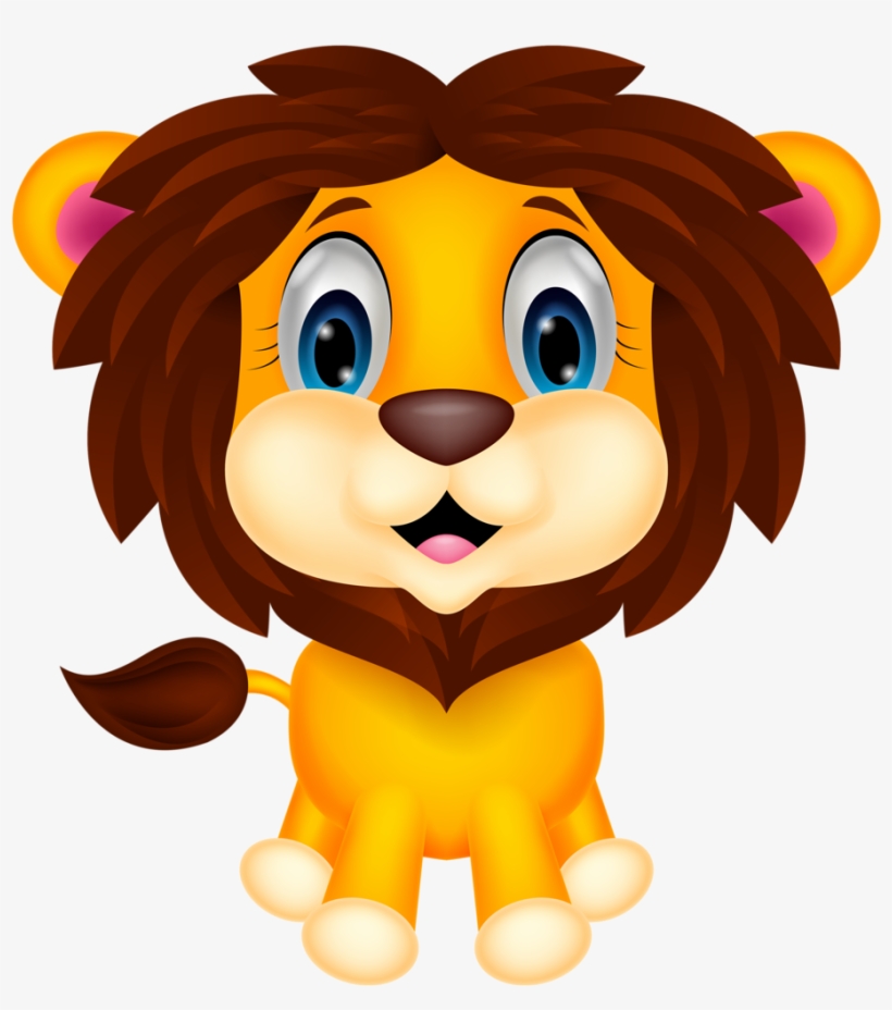 Cute cartoon lion cub with big blue eyes, brown mane, and cheerful expression, sitting upright.