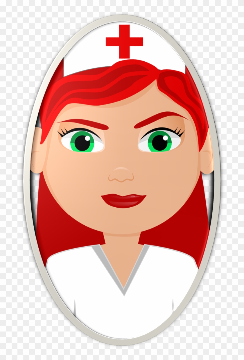 Cartoon illustration of a female nurse with red hair, green eyes, white uniform, and red cross cap in oval frame.