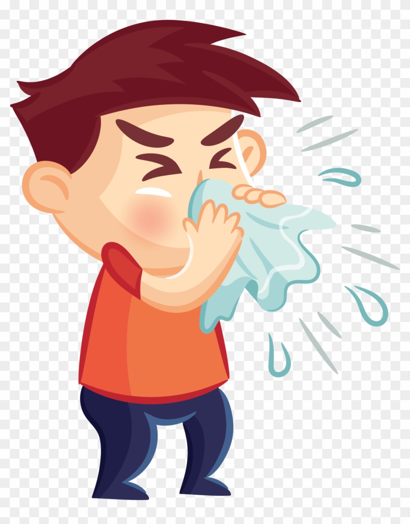 Boy sneezing into a tissue with visible droplets, showing illness symptoms.