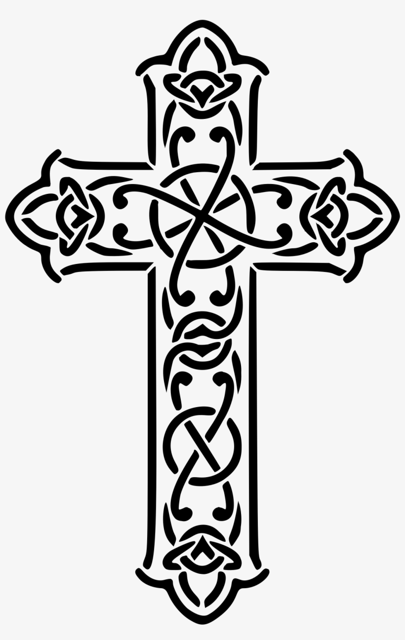 Intricate black-and-white Celtic cross with interwoven knots and rose motifs at each arm and base.