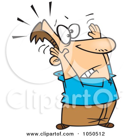 Cartoon man in blue shirt reacting with shock, eyes wide, hands raised, hair flying upward with motion lines.