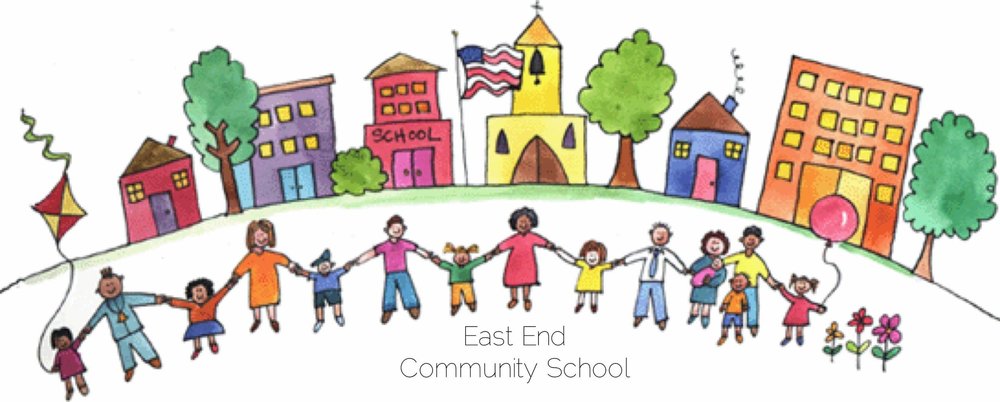 Children and adults holding hands in front of colorful school buildings, trees, and a flag; East End Community School illustration.