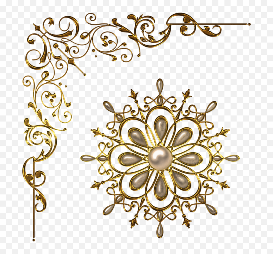 Ornate gold filigree corner flourish and floral medallion with pearl center on transparent background.