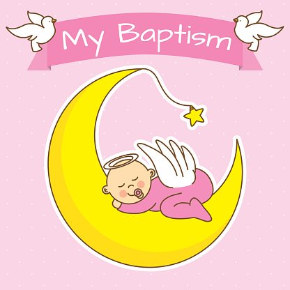 Sleeping baby angel on a yellow crescent moon with doves and "My Baptism" banner.