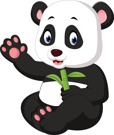 Cute cartoon panda waving and holding bamboo, sitting cross-legged with joyful expression.