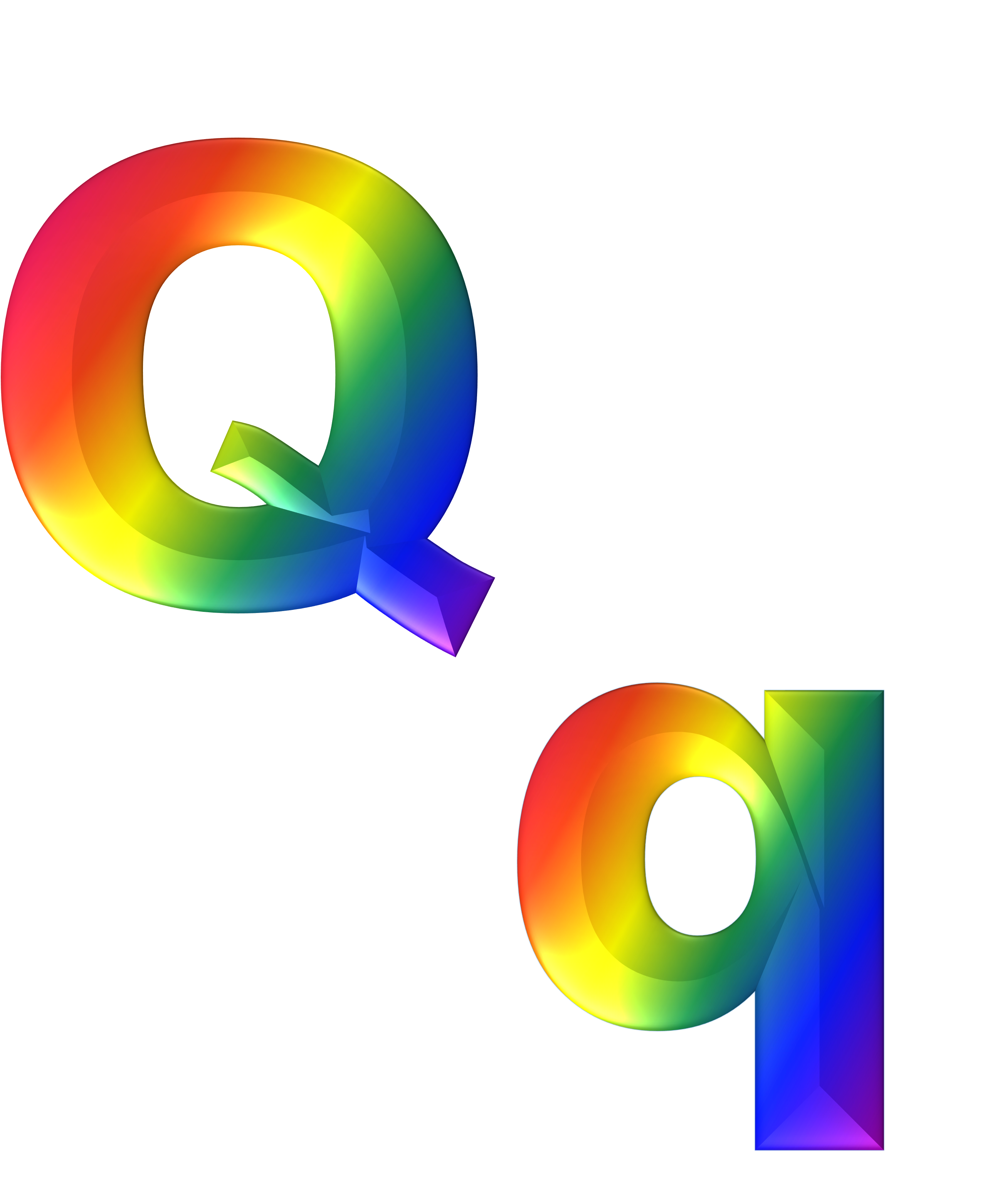 Rainbow-colored 3D uppercase and lowercase letter Q on black background.