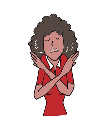 A woman with curly hair in a red shirt crosses her arms, eyes closed, showing discomfort or refusal.