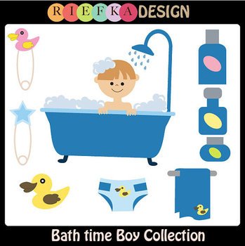 Boy enjoying bubble bath with rubber duck, soap, towel, and baby items in colorful clipart style.