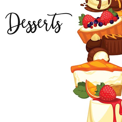 Assorted desserts including cheesecake, chocolate truffles, and fruit-topped pastries with elegant "Desserts" script title.