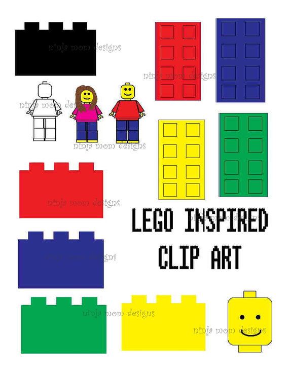 LEGO-inspired clip art set featuring minifigures, bricks, doors, and faces in classic colors.