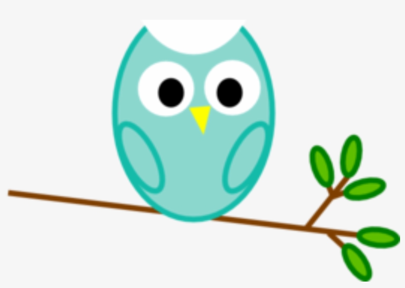 Cute teal cartoon owl with large eyes and yellow beak perched on a brown branch with green leaves.