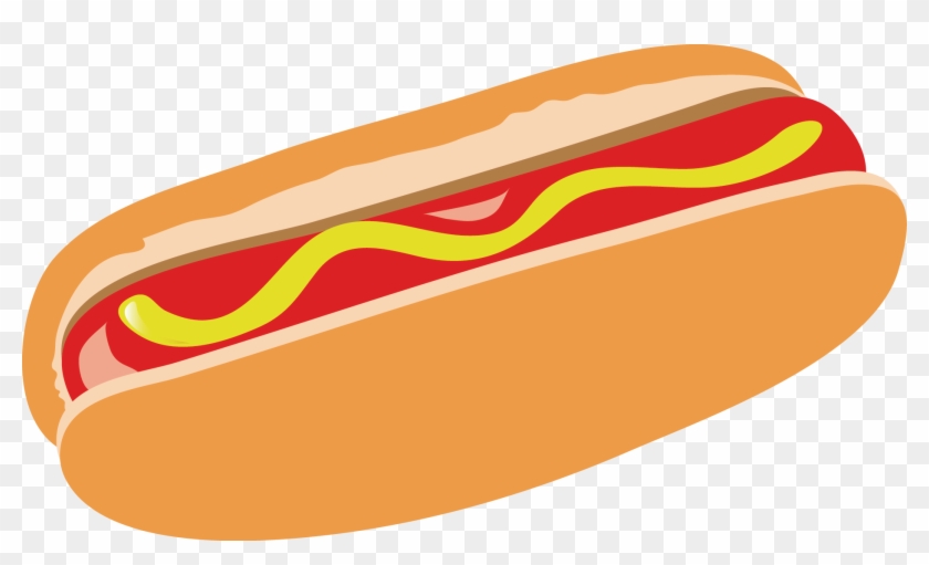 Classic hot dog in a soft bun with ketchup and mustard swirls, illustrated in bright cartoon style.