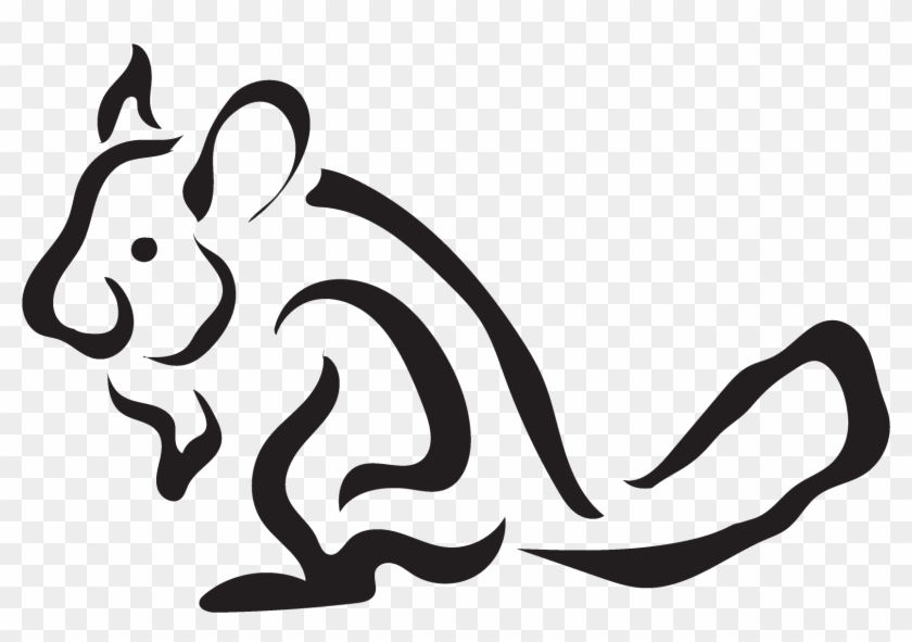 Stylized black-and-white line art illustration of a squirrel in a seated pose with bushy tail.