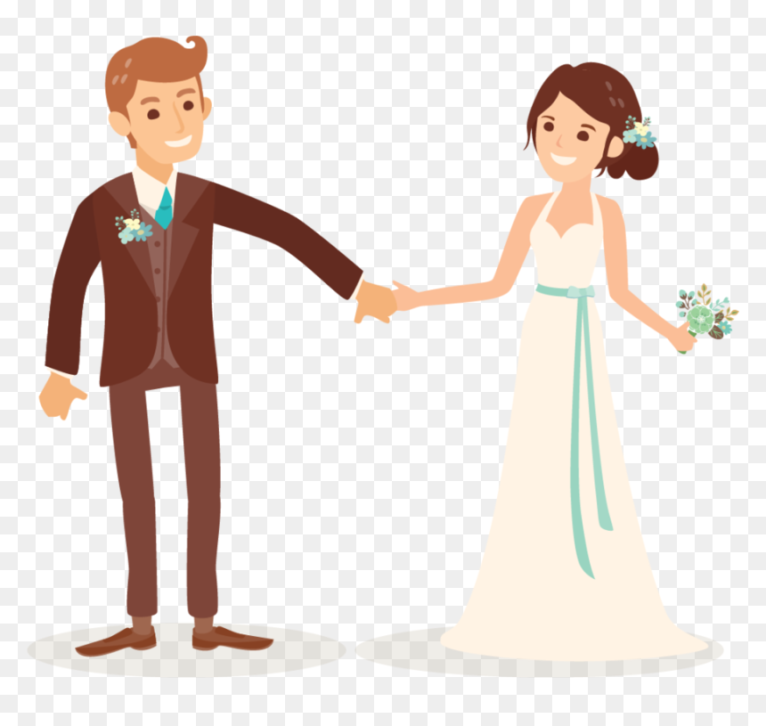 Smiling cartoon bride and groom holding hands, bride in white gown with mint sash and bouquet, groom in brown suit with boutonniere.