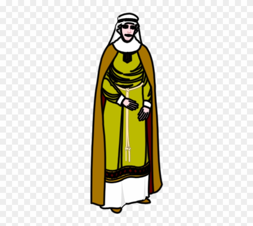 Illustrated figure in traditional Arab attire: green thawb, brown bisht, white ghutra, and agal, with mustache and sunglasses.