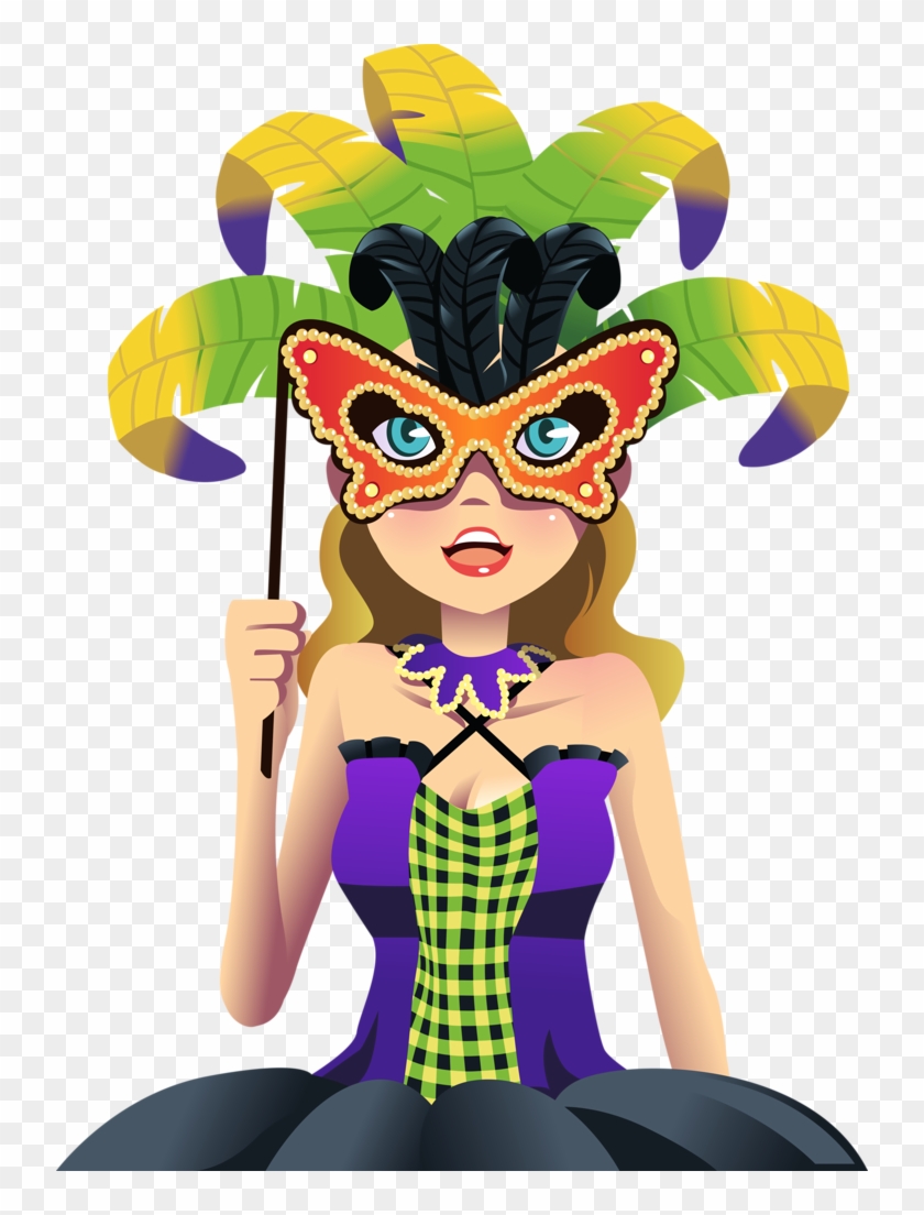 Woman in vibrant Mardi Gras costume with feathered mask and purple-green-gold attire holding a masquerade mask on a stick.