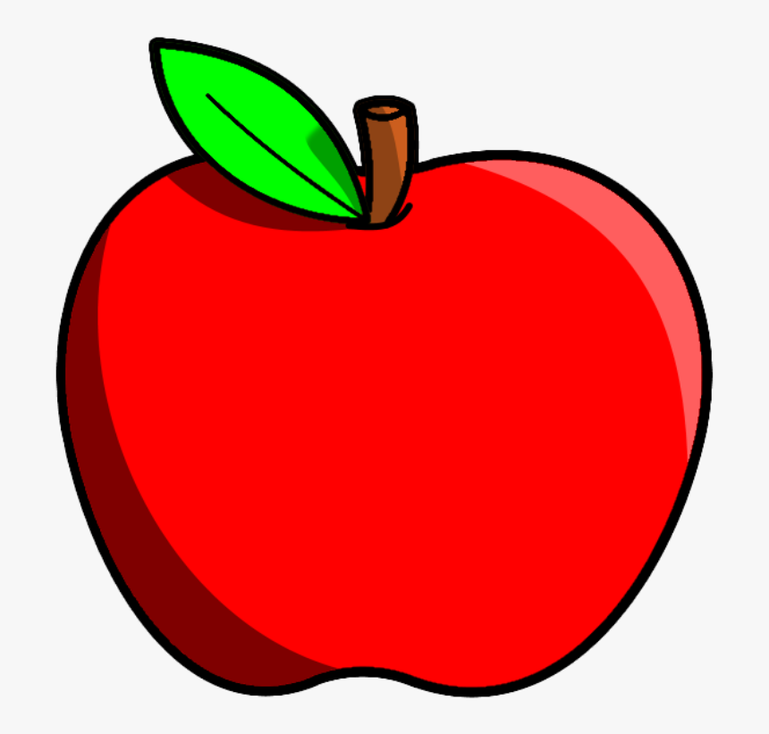 Bright red cartoon apple with a green leaf and brown stem, outlined in black.