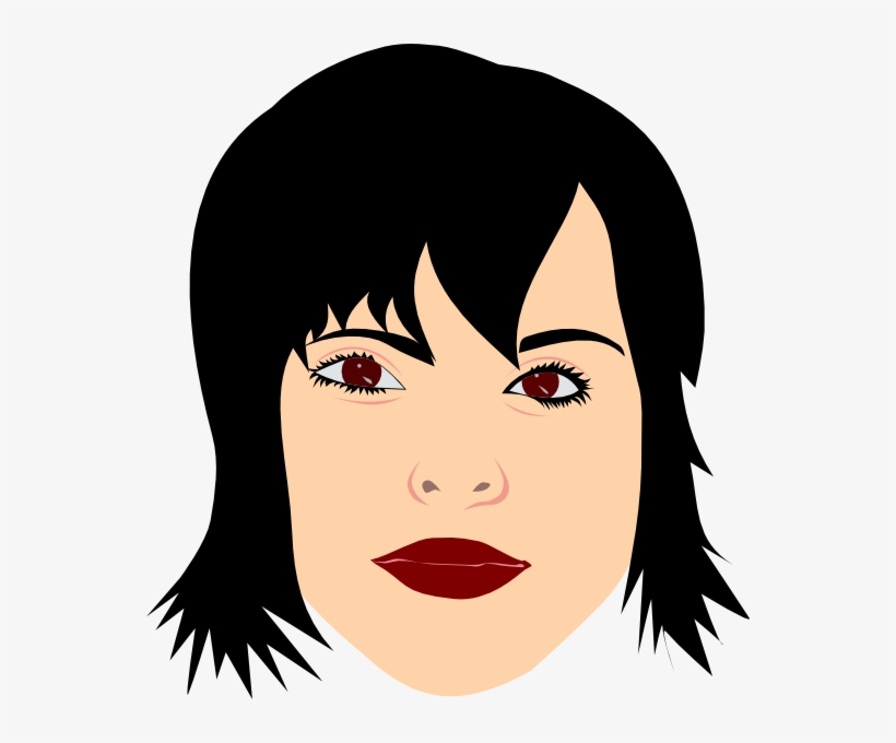 Stylized illustration of a woman with black bob haircut, red eyes, and bold red lips on light background.