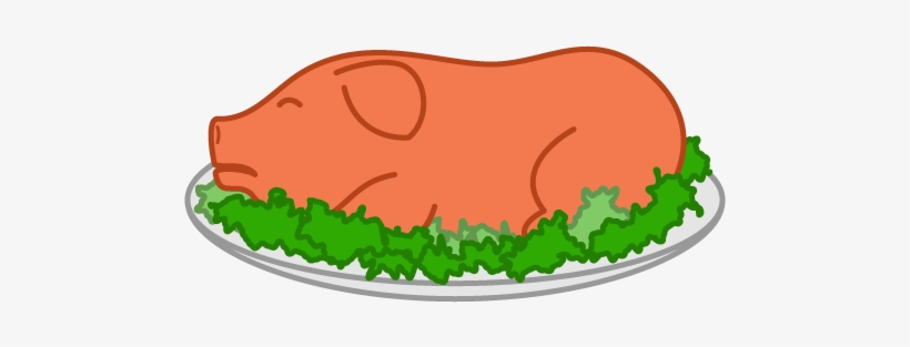 Cartoon-style roasted pig served on a platter with green garnish.