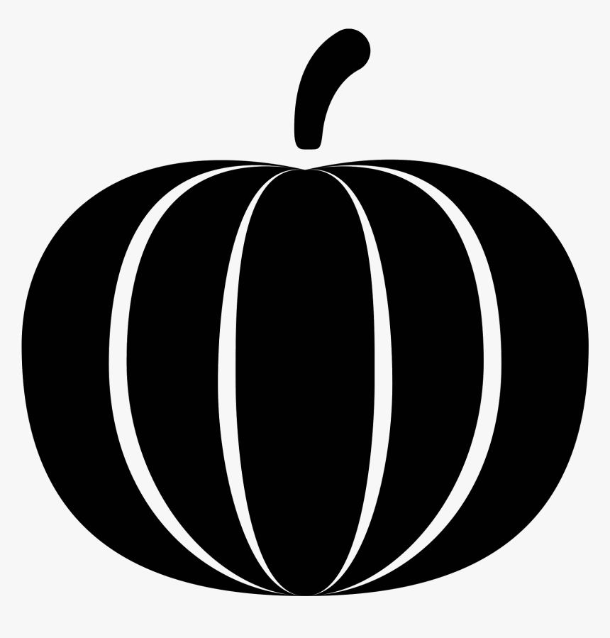 Black silhouette of a pumpkin with white vertical ridges and a curved stem.