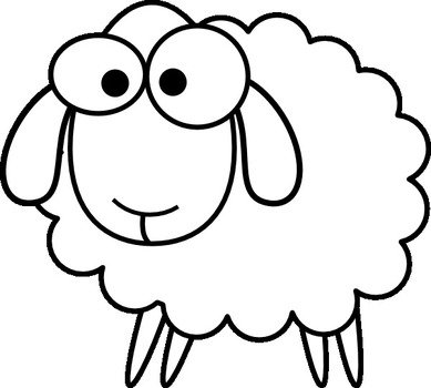 Cute cartoon sheep with large eyes and fluffy wool, black-and-white line drawing suitable for coloring pages or children's content.