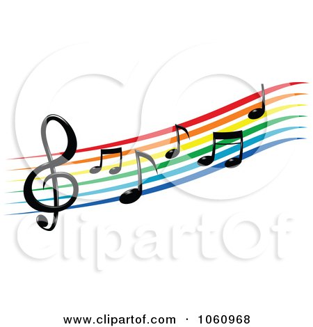 Rainbow-colored musical staff with treble clef and notes flowing diagonally across white background.