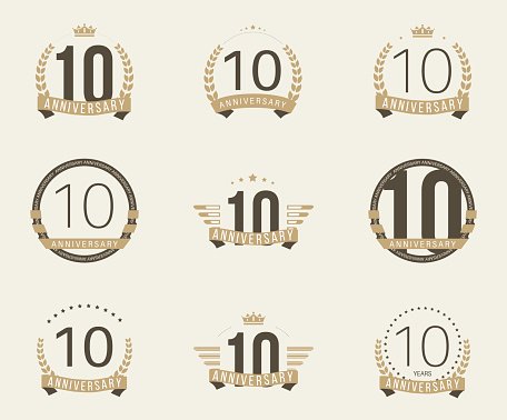 Nine vintage-style 10th anniversary badge designs in gold and black on cream background.