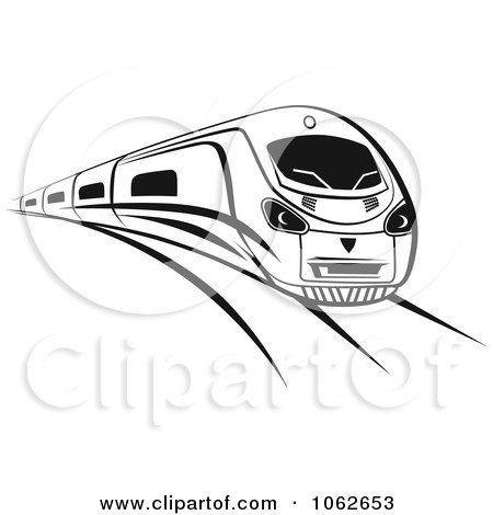 Sleek black-and-white illustration of a high-speed bullet train in motion with dynamic speed lines.