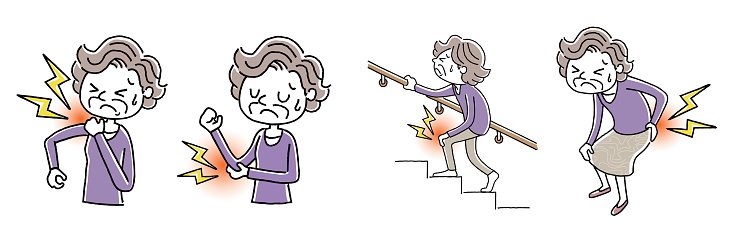 Elderly woman experiencing shoulder, elbow, knee, and lower back pain with lightning bolt icons indicating discomfort.