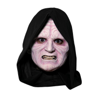 Horror mask with pale wrinkled skin, glowing eyes, and black hood-ideal for Halloween or cosplay.