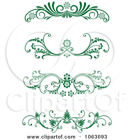 Four elegant green floral scroll dividers for decorative page layout design.