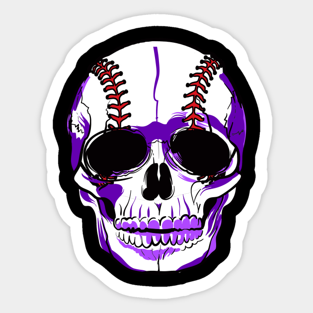 Purple and white skull with red baseball stitching across forehead and eye sockets.