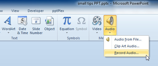 PowerPoint 2010 ribbon showing Audio tab with Record Audio option highlighted.